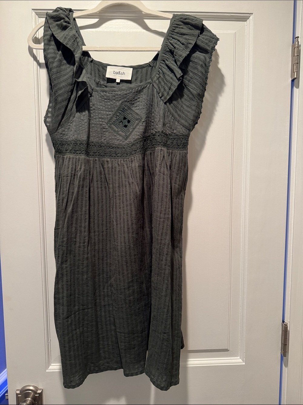 ba&sh Olive Green Ruffled Cotton Sundress